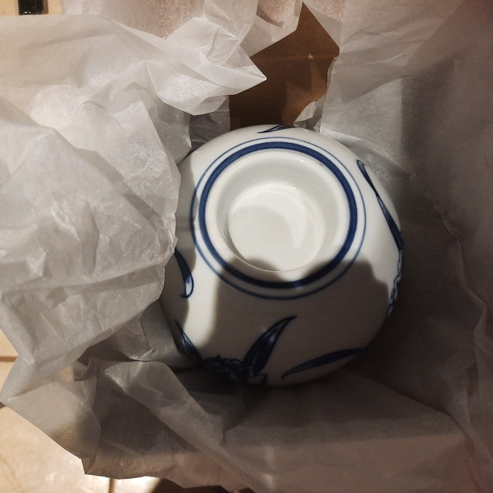 Authentic Bombay & CO Blue White Large Ceramic Votive Cup Candle Holder Floral